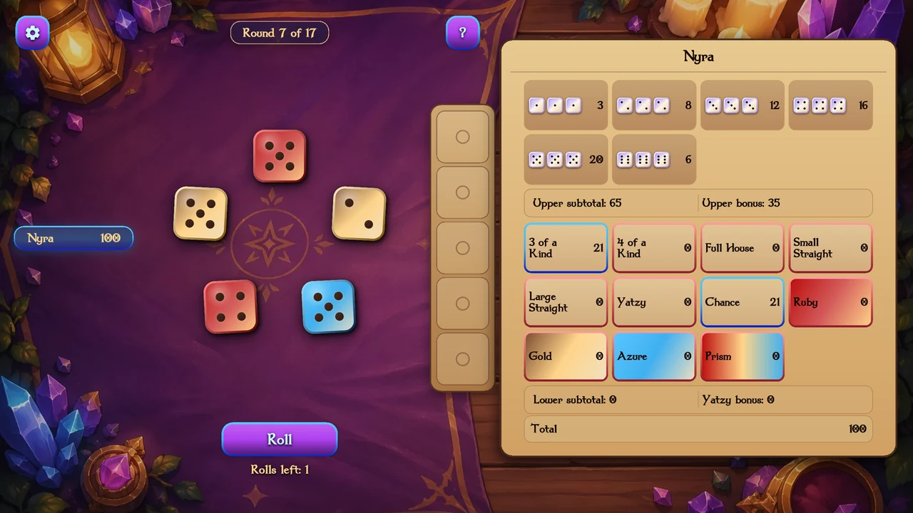 Arcane Colors gameplay with Ruby, Gold, and Azure dice and its extra scoring categories.