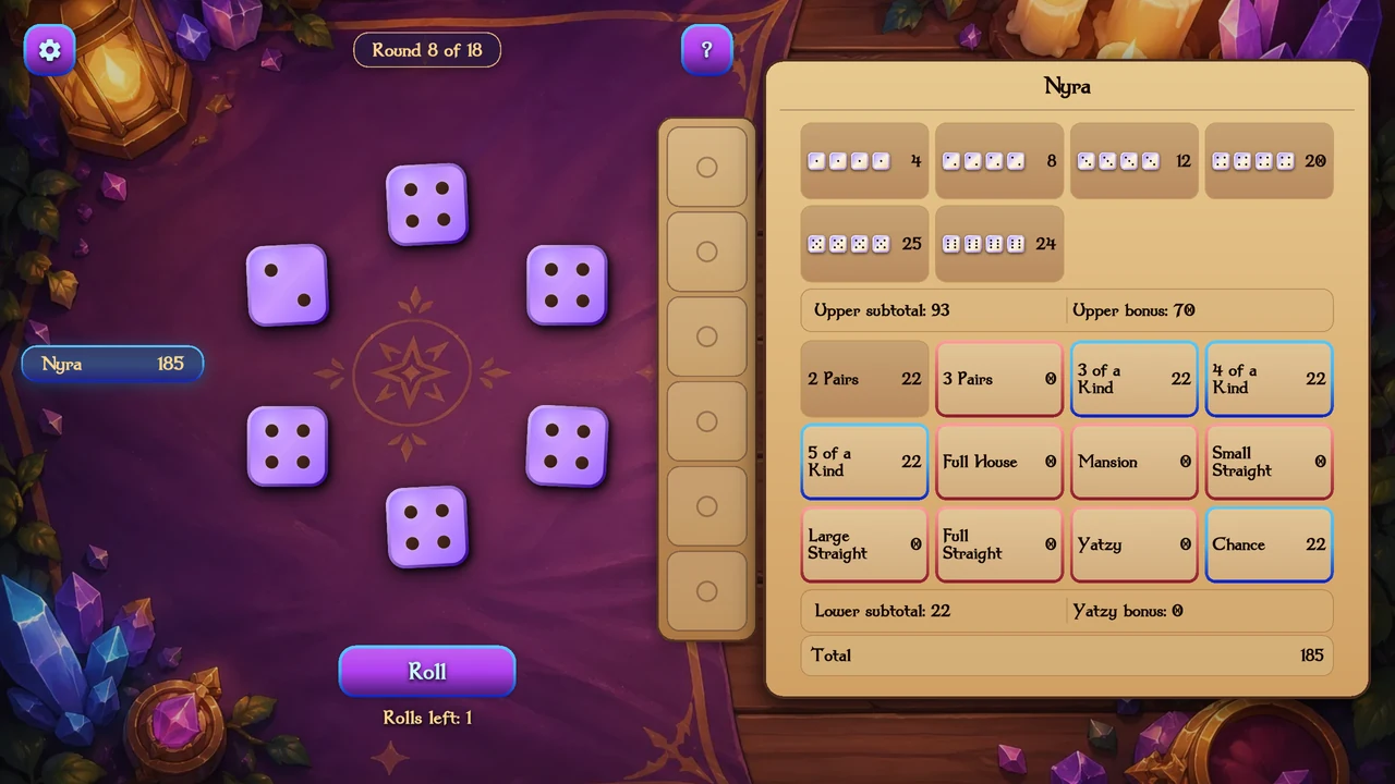 Hexroll gameplay with six dice and an expanded parchment scoresheet.