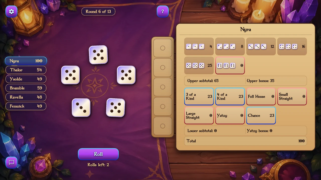 An Arcane Dice online match with six named players around the shared dice table.
