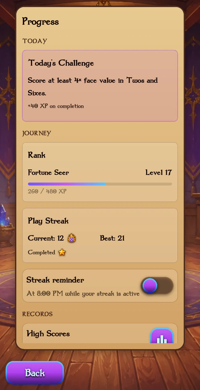 The in-game Progress hub with a daily challenge, level progress, streak, achievements, and high scores.